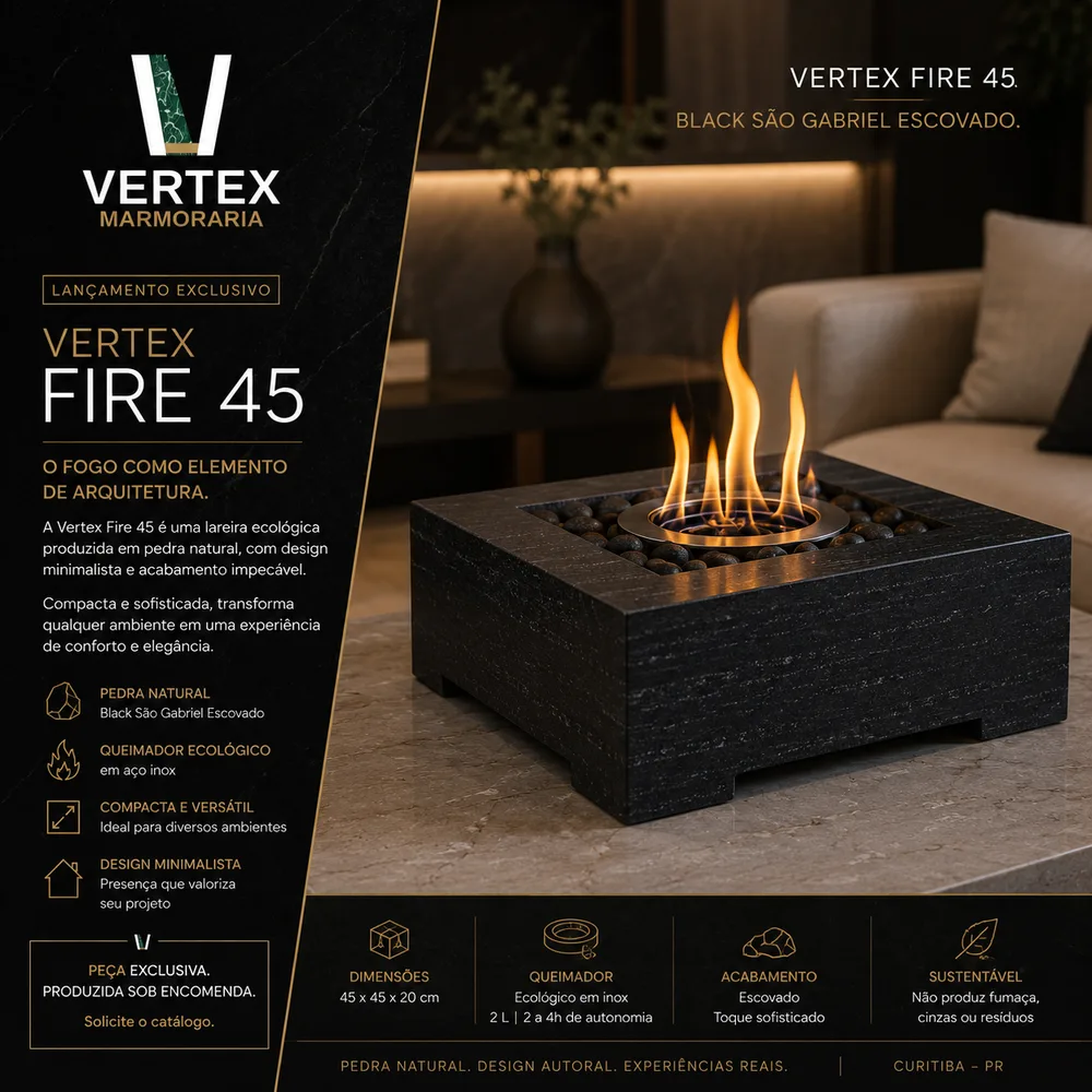 Vertex Fire 45 em Black São Gabriel Escovado — lareira ecológica de mesa, 45x45x20cm, queimador em inox 2L, peça exclusiva sob encomenda da Vertex Marmoraria