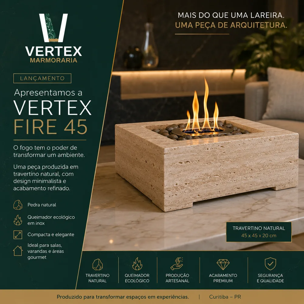 Vertex Fire 45 em Travertino Natural — lareira ecológica de mesa, 45x45x20cm, queimador em inox, peça de arquitetura produzida pela Vertex Marmoraria em Curitiba