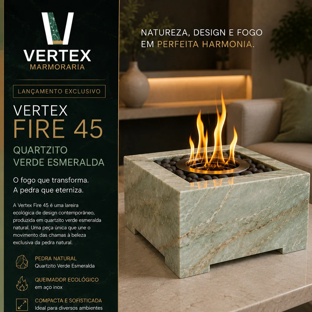 Vertex Fire 45 em Quartzito Verde Esmeralda — lareira ecológica de mesa, 45x45x20cm, queimador em inox, peça única em pedra natural produzida pela Vertex Marmoraria em Curitiba